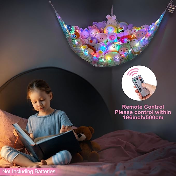 Basumee Stuffed Animals Net or Hammock with LED Light Hanging Toy Net Hammock for Stuffed Animals Storage Stuff Animals Hammocks for Nursery Room with Remote Control, 8 Kinds of Lights(Pack of 1)
