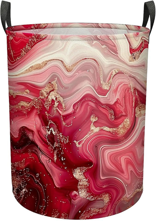 Pink Marble Print Laundry Hamper for Women Girls, Large Canvas Collapsible Organizer Storage Basket for Nursery,Office,Toy Organizer,Home,Decor - 19.7" X 15.7 "