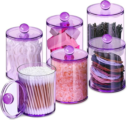6 Pack Qtip Holder,Canister Apothecary Jar Set, Bathroom Jars with Lids Set for Cotton Swabs, Balls, Pads, Floss Picks,10oz-12oz Plastic Canisters Restroom Bedroom Vanity Organizer(Purple)