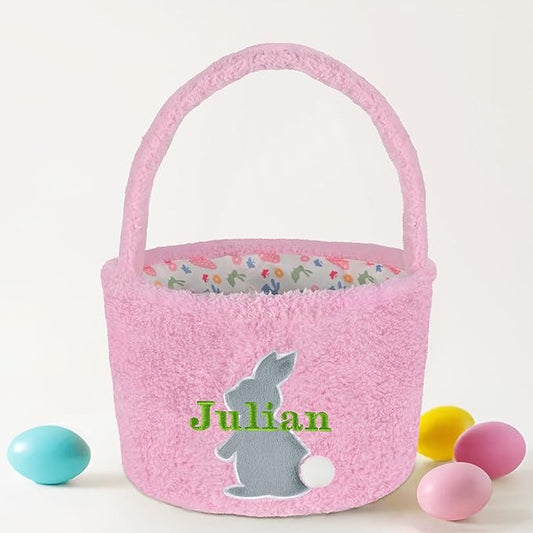 Easter Basket for Kids, VAPCUFF Easter Bunny Basket, Personalized Easter Baskets, Easter Basket with Name - - Pink Basket Grey Bunny