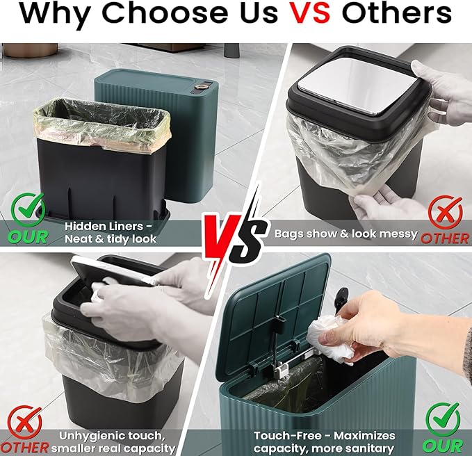 9-Piece Dark Green Bathroom Set with Narrow Trash Can Press Top Lid, Bathroom Accessories Sets with Toilet Brush, Soap Dispenser, Toothbrush Set, Soap Dish & Apothecary Jars for Small Spaces