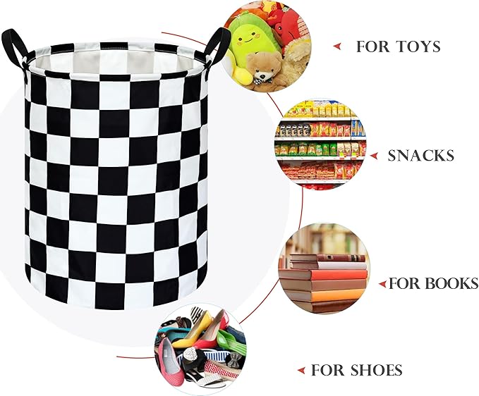 19.7 Inch Round Laundry Hamper Black Check Laundry Basket Fabric Storage Hamper Organization Basket, Storage Bin, Toy Box,Gift Basket with Handles for Room