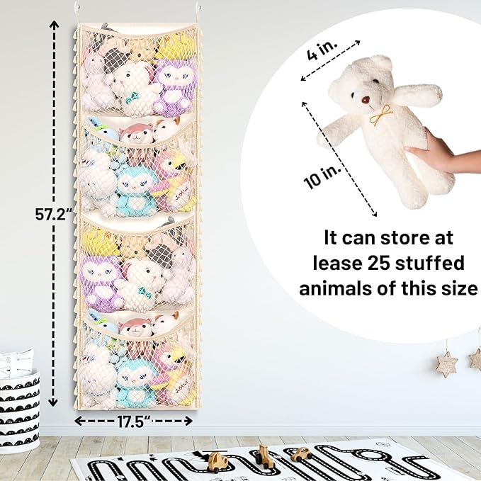 Over The Door Stuffed Animal Storage, Cotton Toy Organizer for Storage Plush Toys,Baby Supplies, Stuffed Animal Holder with 4 Large Pockets, Hanging Door Organizer for Nursery, Bedroom (Tassel)