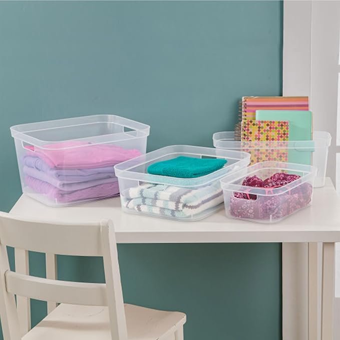 Sterilite 6.25x6.25x15 Inch Narrow Modern Storage Bin w/Comfortable Carry Through Handles and Banded Rim for Household Organization, Clear (16 Pack)