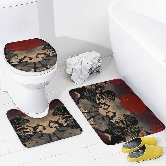 Abstract Japanese Samurai Shower Curtain Sets with Rugs 4 Piece Accessories Bathroom Curtains Shower Set Include Shower Curtain Non-Slip Rug Toilet Lid Cover Bath Mat One Size