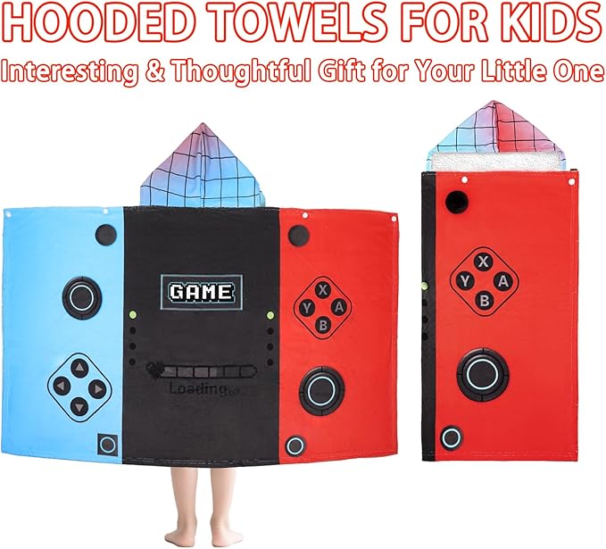 Hooded Towels for Kids- Ultra Soft 100% Cotton Video Game Gamepad Toddler Hood Bath Towels/Pool Terry Towel Beach Poncho Wrap Absorbent Cute Bath & Swim Wrap for Boys & Girls 3-10 Years