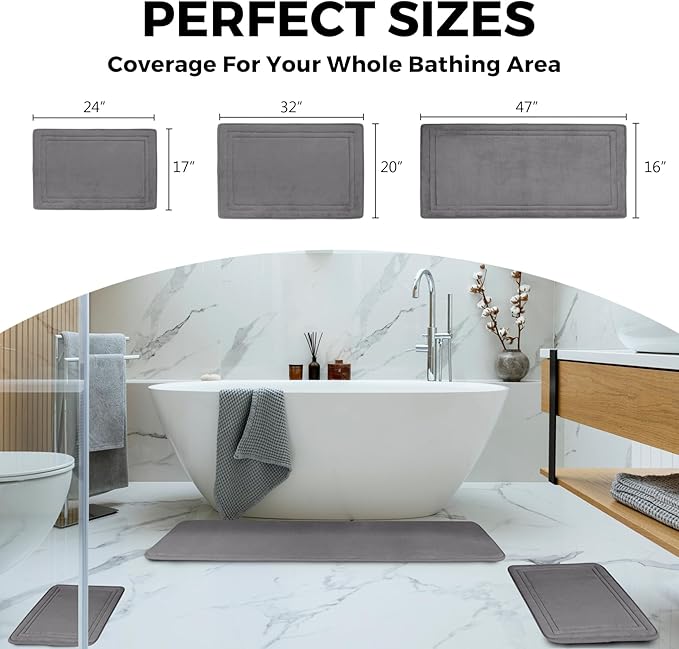 Grey Bath Mat Runner Long Narrow Bathroom Rug Memory Foam Microfiber Bathroom Carpet Non Slip Soft Absorbent Washable Bathrug,16" x 47"