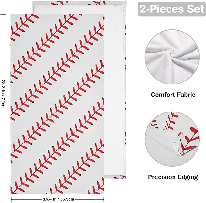 2 Pcs White Red Baseball Stitches Hand Towels for Bathroom,Soft Absorbent Sport Themed Base Ball Dish Towels for Kitchen,Quick Dry Decorative Guest Bathroom Towels for Face,Shower 14"x28"