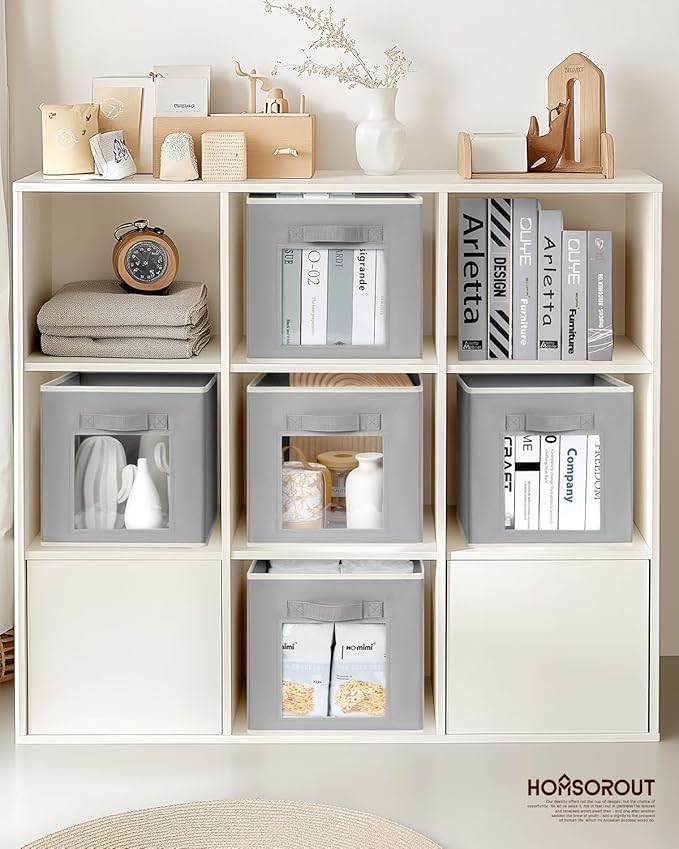 Foldable Storage Cubes - Cubby Storage Organizer with Window, 11 Inch Baskets for Organizing, Collapsible Fabric Storage Cubes for Shelves, Closet, 10 Pack, Grey