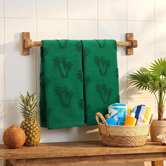 2 Pcs Tropical Palm Tree Hand Towels for Bathroom Green 100% Cotton Jacquard Weave Hand Towels Absorbent Soft for Spring Summer Home Bathroom Kitchen Decor, 29.5 x 13.8 Inch