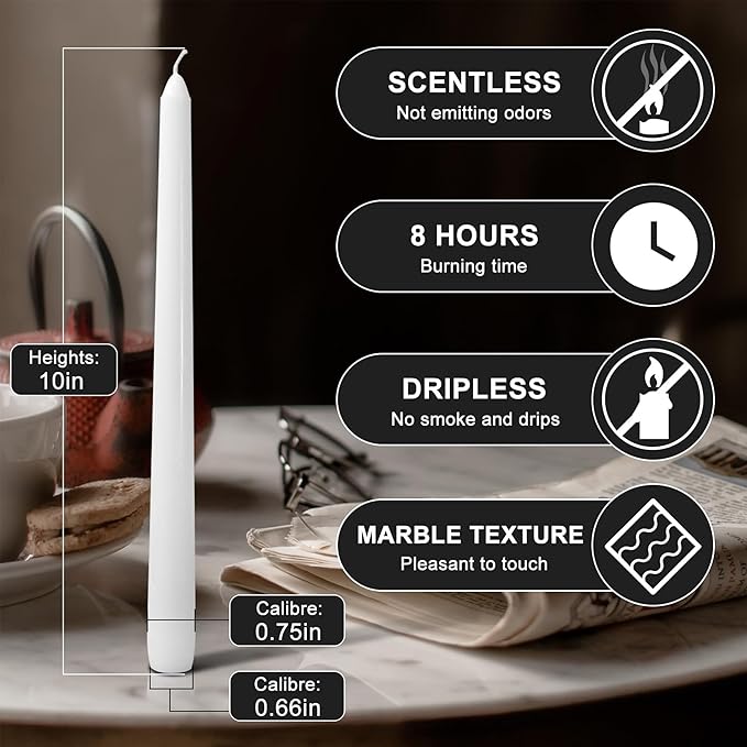 4 Pack White Taper Candles丨Taper Candles 10 Inch Dripless丨Unscented & Smokeless Candlesticks Bulk丨7-8 Hours Long Burning Tall Candles丨Ideal for Christmas Weddings Parties Dinner