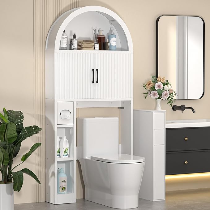 Over The Toilet Storage Cabinet, Bathroom Organizer Over Toilet, Arched Storage Organizer Cabinet with Anti-Tip Device and Adjustable Shelf for Washroom Laundry and Restroom, White
