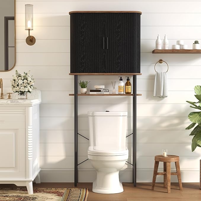 Over The Toilet Storage Cabinet with 2 Sliding Door, Adjustable Shelf Bathroom Organizers and Storage with Anti-Tip Device, Waterproof, Space Saver for Bathroom, Restroom, Laundry, Black