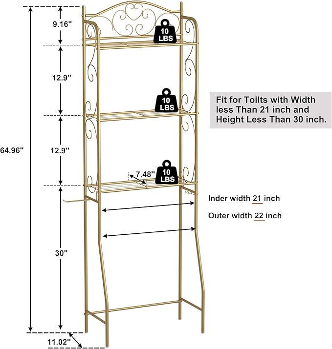 HOME BI Over The Toilet Storage Shelf, 3-Tier Over Toilet Bathroom Organizer Rack, Freestanding Space Saver Toilet Stands with Hooks, Gold