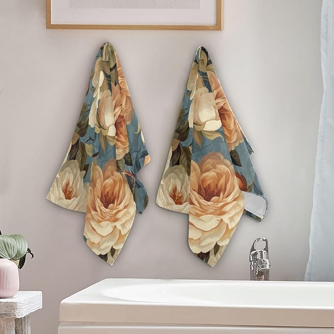 2 Pcs Vintage Orange Rose Floral Hand Towels for Bathroom,Soft Absorbent Retro Elegant Pink Peony Flower Painting Dish Towels for Kitchen,Decorative Bathroom Towels for Face,Shower 14"x28"