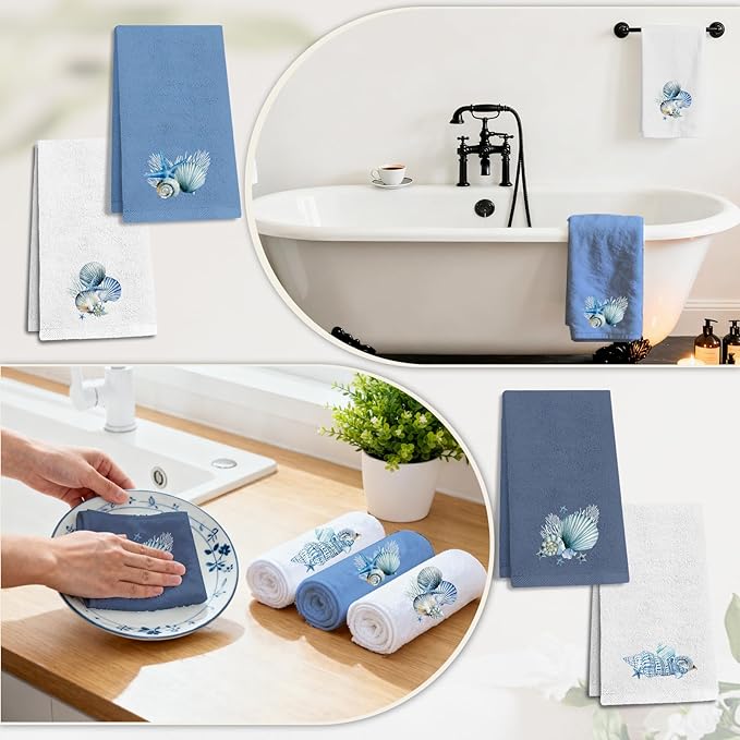 4 Pcs Ocean Hand Towels for Bathroom Shells Hand Towels Blue Embroidered Towel Coastal Bath Towel Decorative Set Bathroom Decor Bath Shower Farmhouse Decor Housewarming Gift Shell Home Essentials