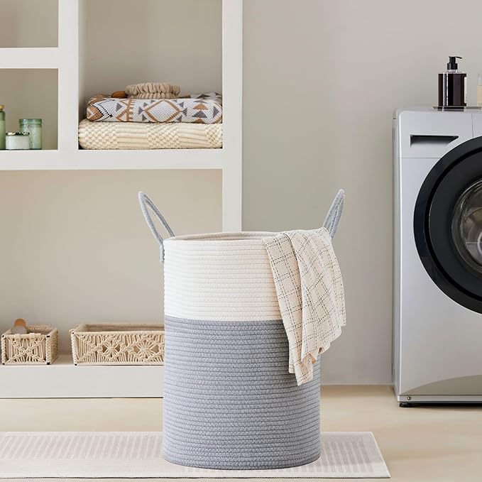 VIPOSCO Large Laundry Hamper, Tall Woven Rope Storage Basket for Blanket, Toys, Dirty Clothes in Living Room, Bathroom, Bedroom - 72L Grey & White