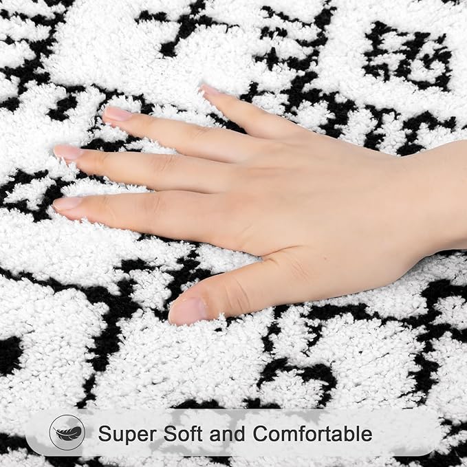 HEBE Bathroom Rug Sets 5 Piece, Soft Absorbent Bath Mats for Bathroom, Non Slip Machine Washable Bath Rugs Set with U Shaped Contour Toilet Rugs, Bath Runner and Toilet Lid Cover, White/Black