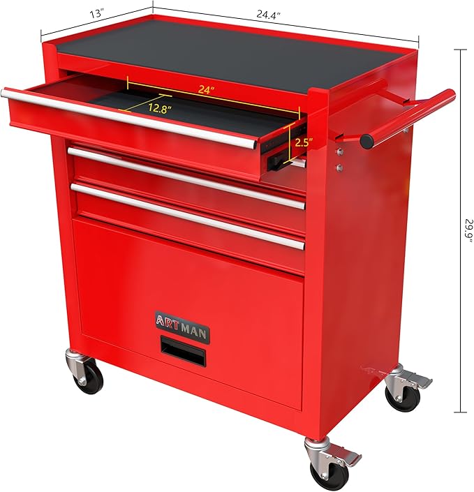 4 Drawers Rolling Tool Chest Cart. Tool Storage Cabinet with 4 Wheels.Tool Cabinet Trolley with Locking System and Drawer Liners.Tool Storage Cart for Garage,Workshop. 24.4" Toolbox Cart(red