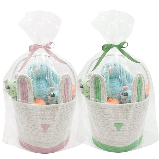 2 Pack Large Woven Easter Baskets for Kids - Boy & Girl Options, Empty Basket with Gift Bags and Ribbons Cute Easter Decorations Bunny Ears Designs (Pink+Green)