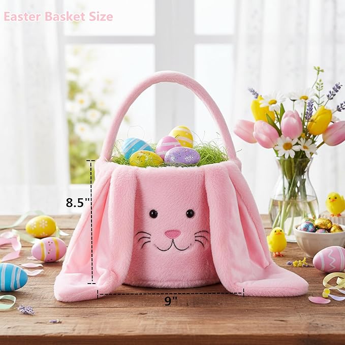 Plush Easter Bunny Basket, Easter Egg Hunt Basket with Plush Ears, Bunny Bucket Tote for Candy Party Favors Holiday Decorations (Plush-Pink)
