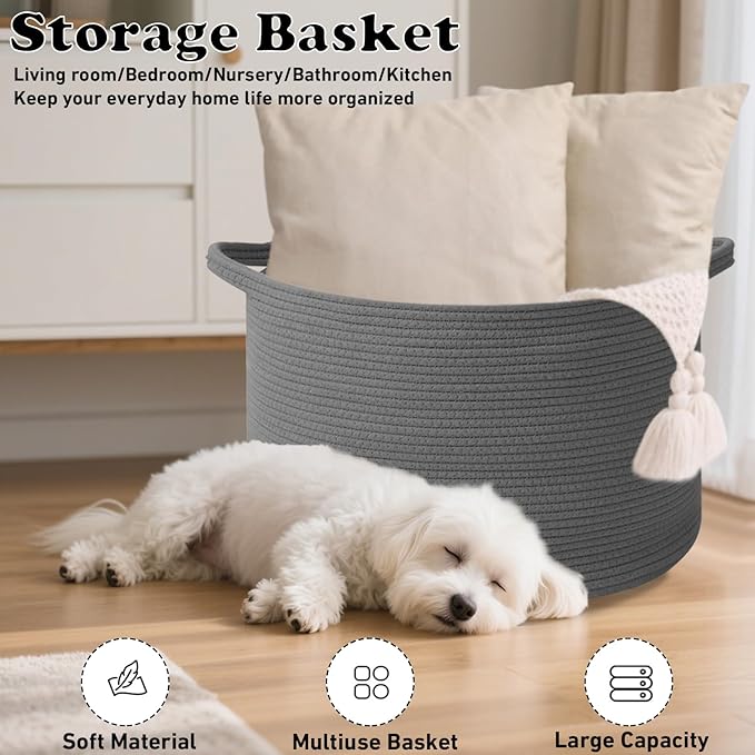 115L Large Blanket Basket,23.6" L x 23.6" W x 15.7" H Rope Woven Baskets with Handles, Toys Storage Bins,Laundry Basket Perfect for Living Room, Nursery,Bedroom,Home Organization,Dark Gry