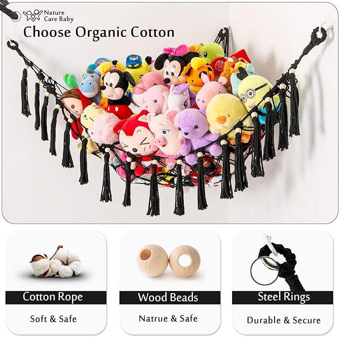 Stuffed Animal Toy Hammock Hanging- Macrame Toy Hammock with Tassels-Stuff Animals Organizer Storage Boho Large Corner Plush Toys Net Holder for Nursery, Play Room, Kids Bedroom (Black)