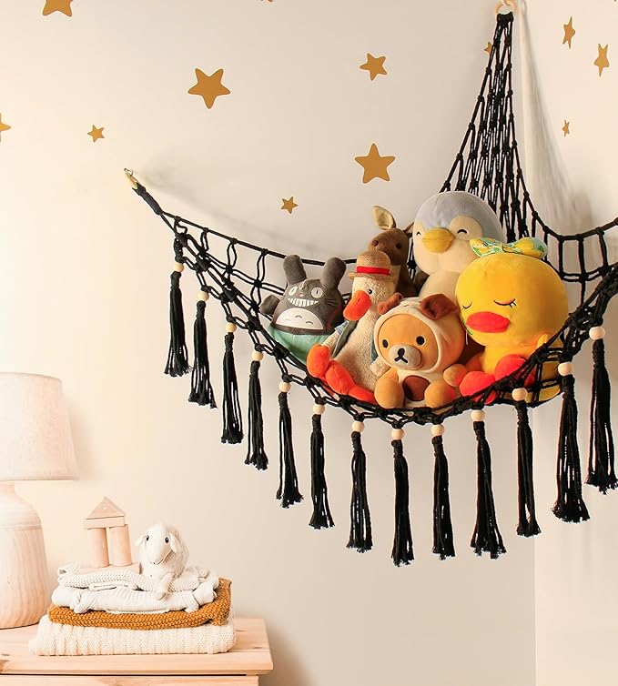 Stuffed Animal Hammock Corner Storage - Toy Hammock Net Organizer with LED Light - Tedddy Hammocks Plushie Net Holder - Black Wall Decor for Boy Living Room Bedroom