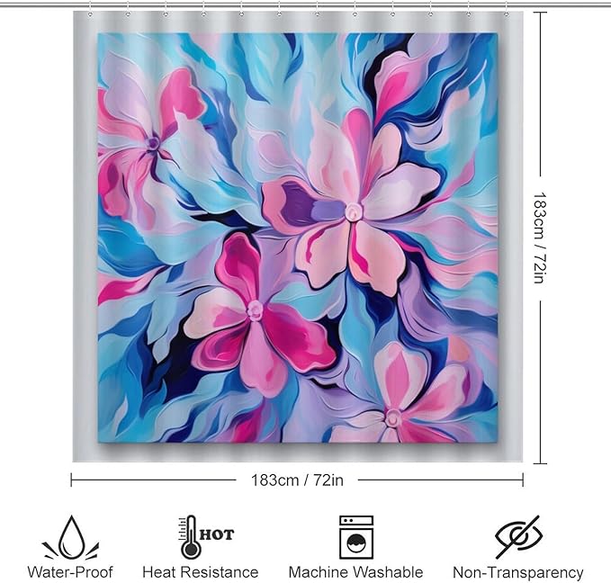 4 Piece Shower Curtain Sets Colorful Modern Floral Abstract Art Pink Blue with Non-Slip Rugs Toilet Lid Cover and Bath Mat Bathroom Decor Set Modern Abstract Art Painting 12 Hooks for Bathroom Decor