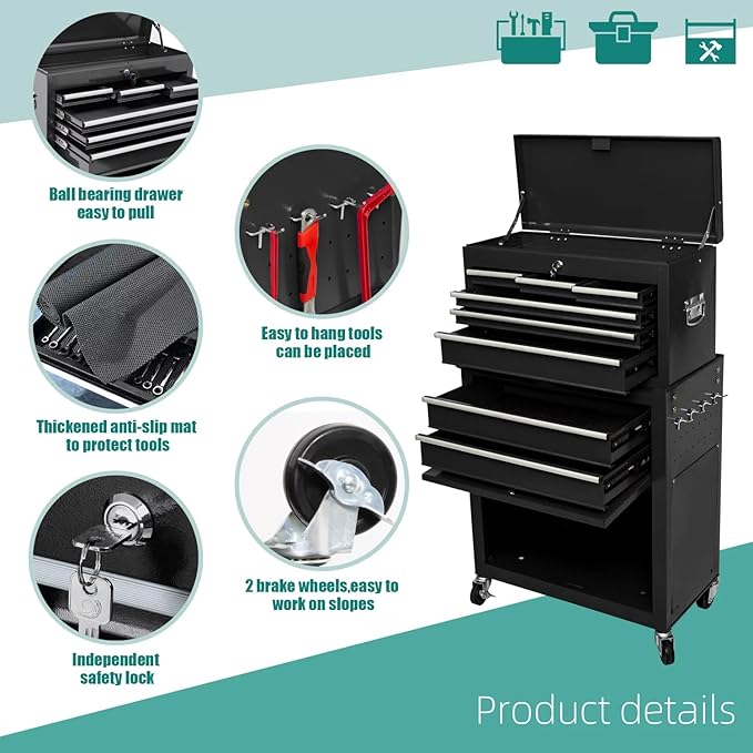 8-Drawer Rolling Tool Chest – 2-in-1 Lockable Tool Box with Wheels, Sliding Drawers & Detachable Top – Garage & Workshop Storage Cabinet, Black