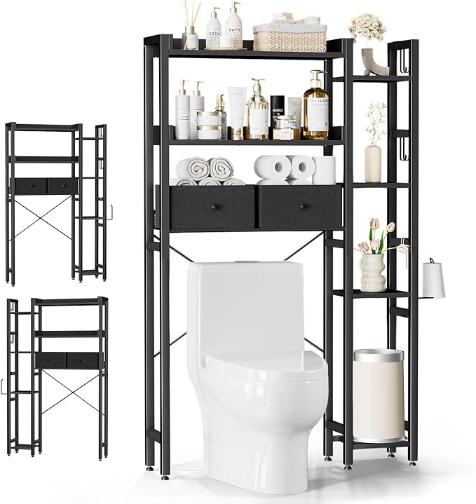 Housolution Over The Toilet Storage with 2 Drawers, 7 Tier Over Toilet Bathroom Organizer with Height Adjustable Shelves and Hooks, Space Saver Above Toilet for Bathroom/Restroom/Laundry, Black