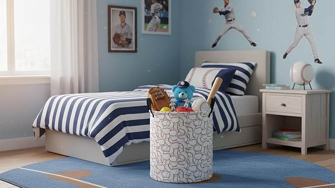 CLOCOR Round Collapsible Flat Storage Basket,Space-Saving Fabric Laundry Hamper for Clothes,Nursery Hamper,Gift Basket(Pile up Baseball)