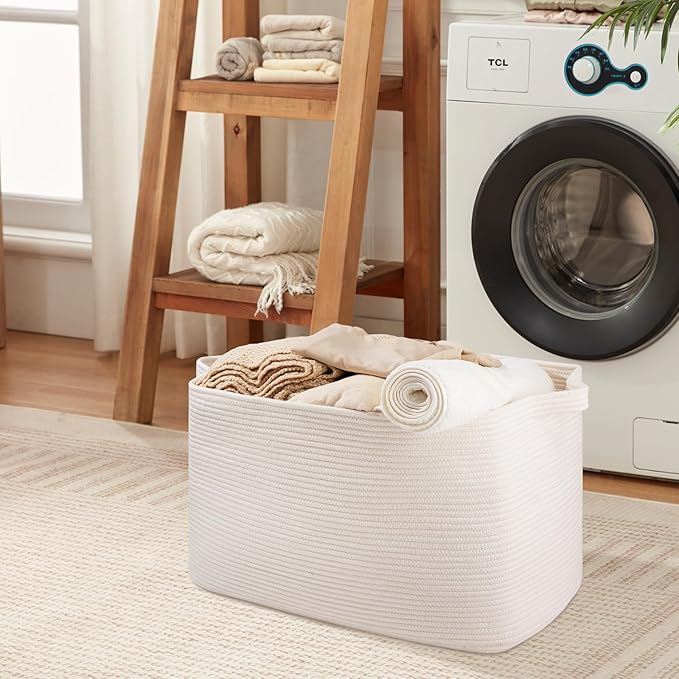 108L Extra Large Blanket Basket, 24.8" x 16.2" x 16.2" Rectangle Woven Storage Baskets for Living Room, Nursery, Bedroom, Toy Basket with Handle (White)