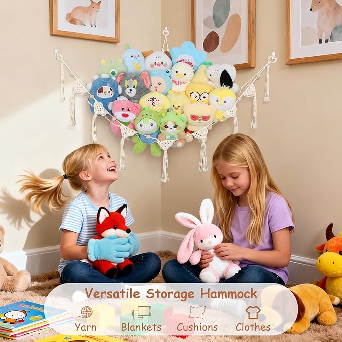 Stuffed Animal Hammock Corner, 57 Inch Large No Drilling Handcrafted Stuffed Animal Net, Natural 100% Cotton Boho Macrame Plushie Net Sturdy Stuffed Animal Storage Holder for Kid Room Nursery(Cream)