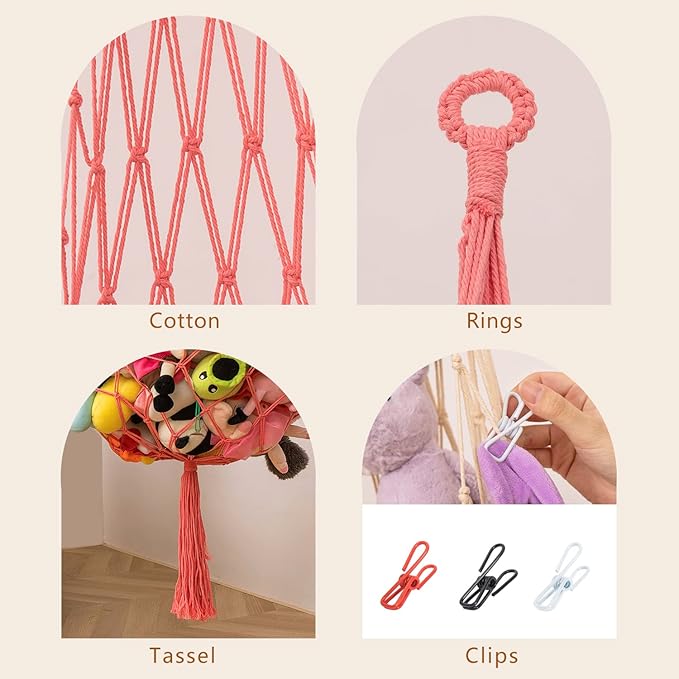 Novel Stuffed animal Net or Hammock Macrame Plush Toy Display-6.5Ft H-One Hook Only! Convenient for Corners, Walls and Ceiling Hanging Net, stuff animal storage for kid Room Bedroom Playroom-Pink