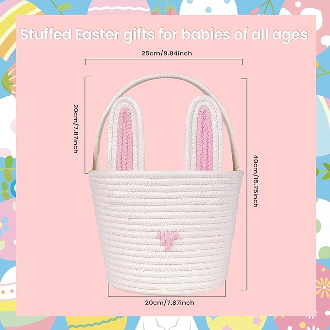 Easter Basket for kids Empty Bunny Egg Baskets With Handle And Ears Easter Gifts Cute Woven Basket (pink)