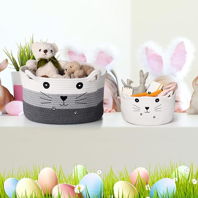 Zopeal Cat Basket Storage Woven Organizer with Ears Christmas Decorative Pet Toy Cute Cotton Rope Basket for Gift Cat Dog Toy Bin Nursery Room(13.7 x 7.8 Inch,White, Light Gray, Dark Gray)