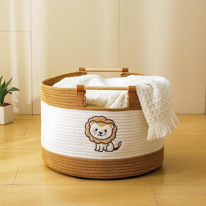 Large Blanket Basket 35L Cotton Rope Basket with Wooden Handles Woven Baskets for Kids Babies and Toddlers Stuffed Toys Storage for Nursery, Laundry Hamper Baby Hamper Boys Gift Baskets Empty
