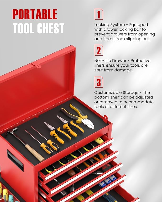 ARNOT 2-in-1 Rolling Tool Chest with 5 Drawers, Heavy-Duty Metal Tool Box with Wheels, Detachable Top Tool Box & Rolling Tool Cabinet for Garage, DIY (5-Drawers, Red)
