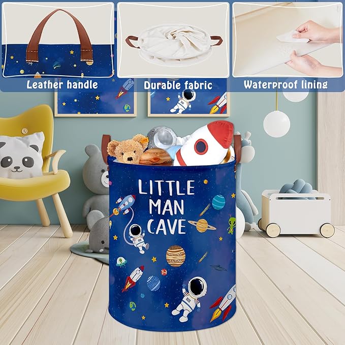 Space Themed Bedroom Decor Baby Laundry Hamper,Kid Laundry Basket for Boys Room,Astronaut Rockets Nursery Decor Storage Toy Bin, Lightweight Dirty Clothes Organizer Box (Blue Space)