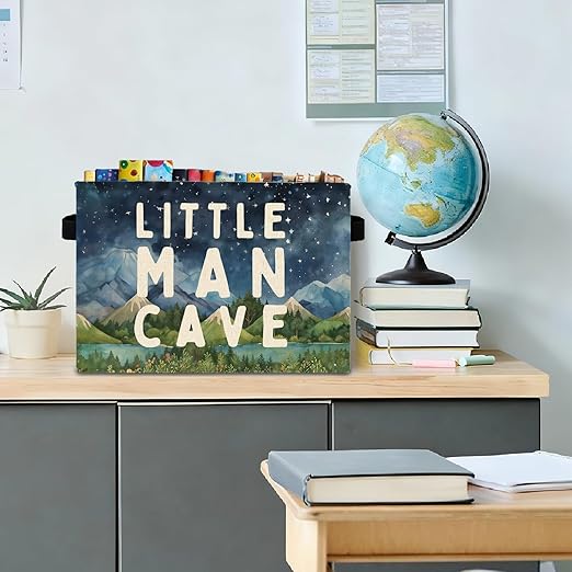 Boy Nursery Storage Bins Box with Handles, Boys Room Bedroom Decor, Little Man Cave Laundry Basket Hamper Collapsible Clothes Toys Organizer for Kids Room Nursery Playroom Bathroom