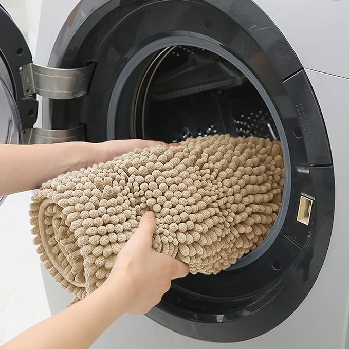 ACCUMTEK Striped Beige Toilet Bathroom Rug Mat Set 2 Piece Rug Ultra Soft, Non Slip Chenille Bath Rugs, Absorbent Plush Shaggy Bath Mats for Bathroom, Bedroom, Kitchen, Shower, Tub