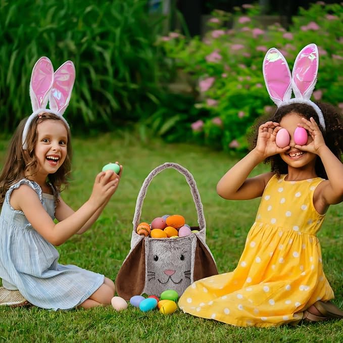 Easter Bunny Basket,Cute Easter Bucket Bags with Rabbit Ears for Eggs Hunting,Candy Gifts Storage (Brown/White)