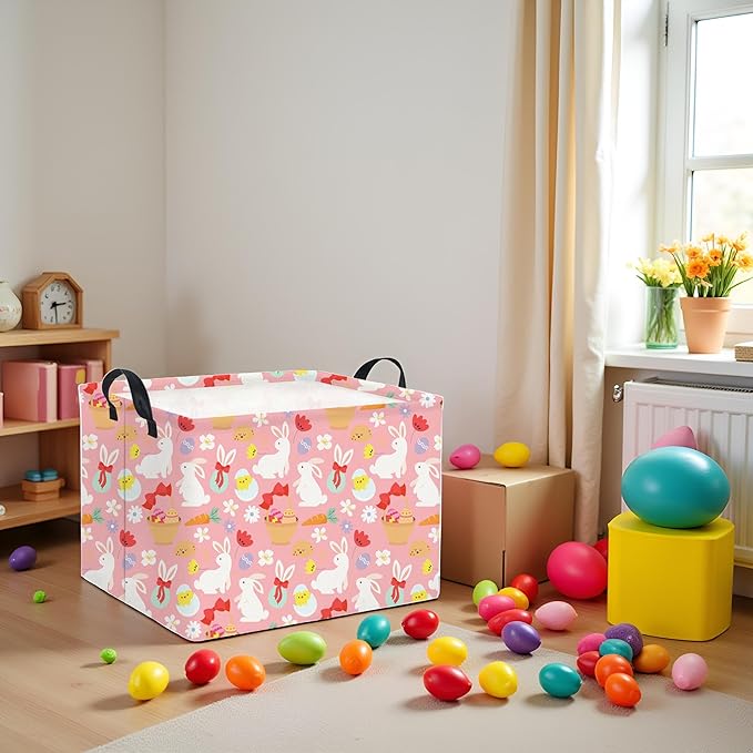 HIYAGON Rectangular Easter Basket Baby Girl Basket Fabric Storage Bin Organizer Box Room Decor(Bowknot Bunny)