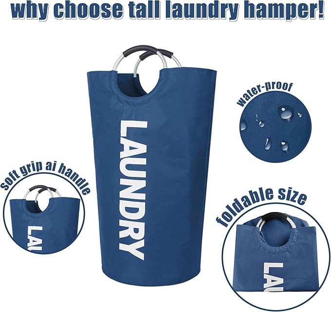 Twira 100L Large Laundry Basket, Laundry Hamper Stands Up Well, Laundry Bag with Padded Handles, Waterproof Clothes Bin Collapsible, Clothes Hamper for Bathroom, Laundry, College (Navy Blue)