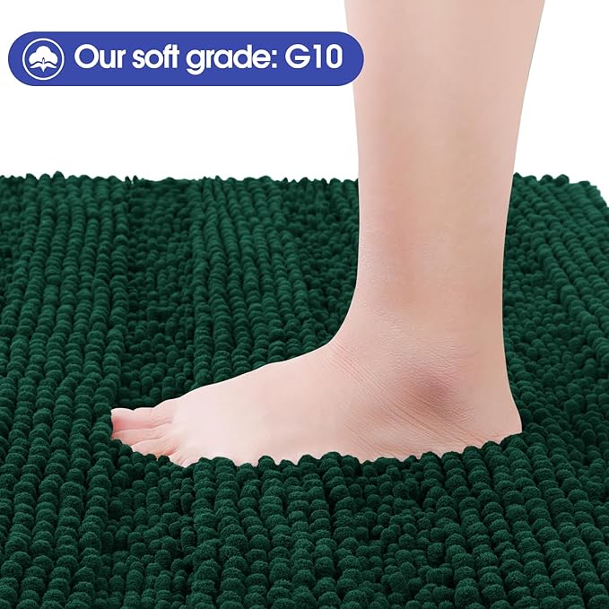ACCUMTEK Christmas Striped Deep Green Toilet Bathroom Rug Mat Set 2 Piece Rug Ultra Soft, Non Slip Chenille Bath Rugs, Absorbent Plush Shaggy Bath Mats for Bathroom, Bedroom, Kitchen, Shower, Tub
