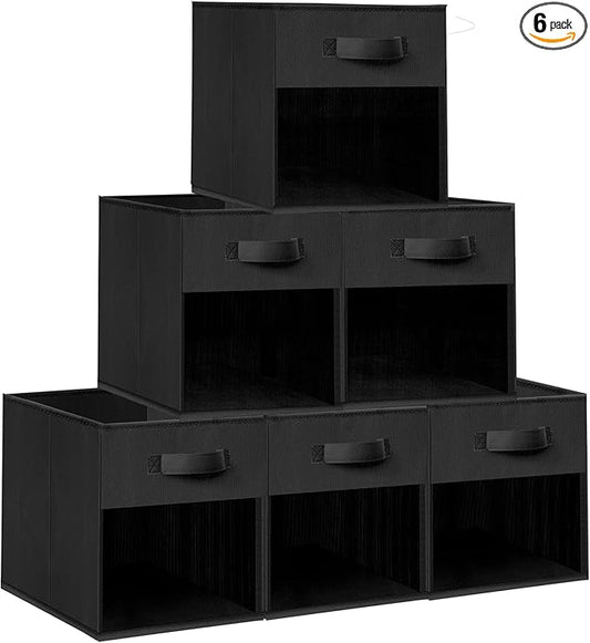 Storage Bins with Clear Window, 11x11 Storage Cubes, Collapsible Cube Storage Box, Fabric Closet Organizers with Handles for Home, Office, Shelf, Closets, Living Room, Black, 6 Pack