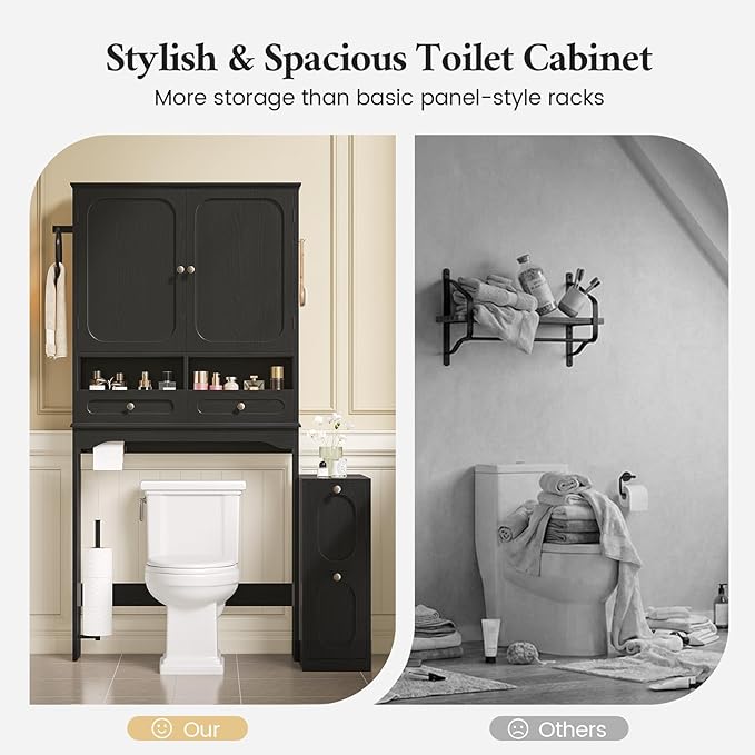 Over The Toilet Storage Cabinet with Free-Standing Cabinet & Towel Holder, Bathroom Storage Cabinet with 4 Section Drawers, Adjustable Shelves & Paper Holder for Bathroom, Laundry Room, Black