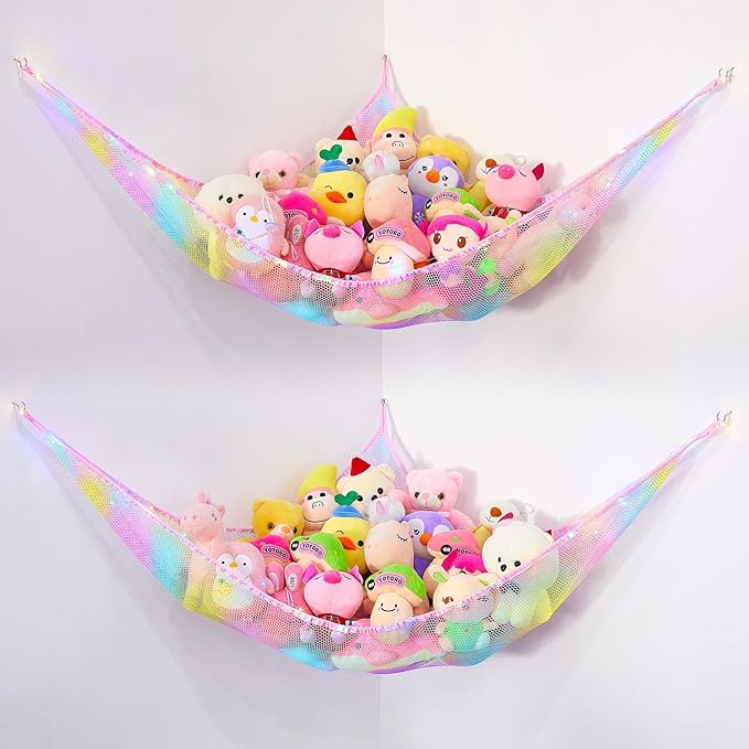 Basumee Stuffed Animals Net or Hammock with LED Light Hanging Toy Net Hammock for Stuffed Animals Storage Stuff Animals Hammocks for Nursery Room with Remote Control, 8 Kinds of Lights(Pack of 2)