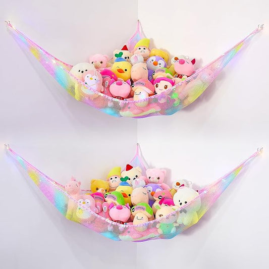 Basumee Stuffed Animals Net or Hammock with LED Light Hanging Toy Net Hammock for Stuffed Animals Storage Stuff Animals Hammocks for Nursery Room with Remote Control, 8 Kinds of Lights(Pack of 2)